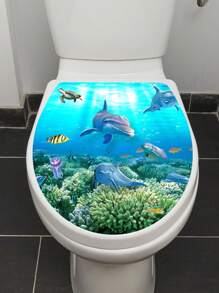 1pc Cartoon Dolphin Self-Adhesive PVC Toilet Lid Sticker Decorated With Sea Creatures, Stickers, Wall Decal, Vinyl Decal For Home Decorations, Spring Decoration Items Refresh Your Home, Festival Decoration Stickers Gifts Birthday Graduation