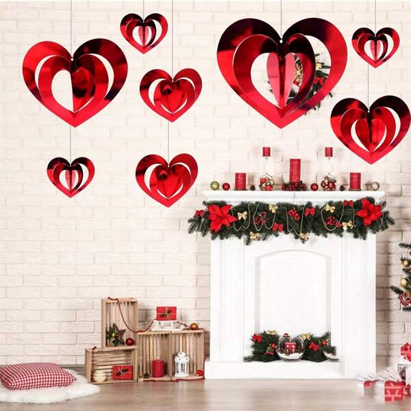 16pcs Valentine's Day Heart Shaped 3D Spiral Hanging Scenario Layout Red Heart Plastic Hanging Proposal Decor