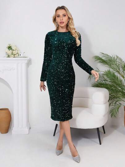 Women Sparkly Sequin Solid Color Bodycon Maxi Formal Evening Dress, Semi Formal Prom Dress, For Birthday, Wedding Guest, Graduation Homecoming