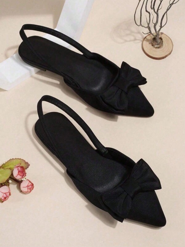 Women's Black Satin Ribbon Bow Pointed Toe Flat Mary Jane Shoes With Backstrap, Elegant & Comfortable For Work, Party Wear, Spring