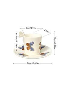 1pc Creative Small Ceramic Butterfly Pattern Espresso Cup And Saucer Set, 125ml Capacity, With 3D Butterfly Decoration On Rim, Suitable For Living Room And Home Back To School - Multicolor - View 2