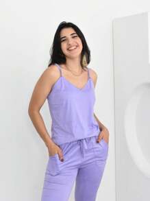 Suede Tank Top And Skinny Pants With Pocket Set - Lilac Purple - View 3