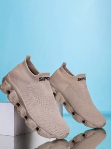 大码女士透气休闲运动鞋、一脚蹬运动鞋、轻便舒适情侣袜鞋 - 卡其色 - 查看 4