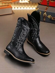 Men's Autumn/Winter New Arrival Knee-High Boots, Vintage Embroidery Retro Leather Boot, Plus Size, Black & Brown
