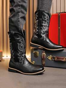 Men's Autumn/Winter New Arrival Knee-High Boots, Vintage Embroidery Retro Leather Boot, Plus Size, Black & Brown