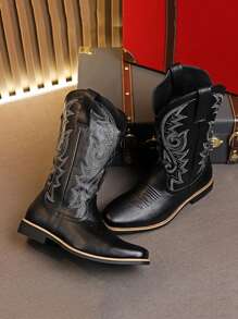 Men's Autumn/Winter New Arrival Knee-High Boots, Vintage Embroidery Retro Leather Boot, Plus Size, Black & Brown