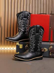 Men's Autumn/Winter New Arrival Knee-High Boots, Vintage Embroidery Retro Leather Boot, Plus Size, Black & Brown