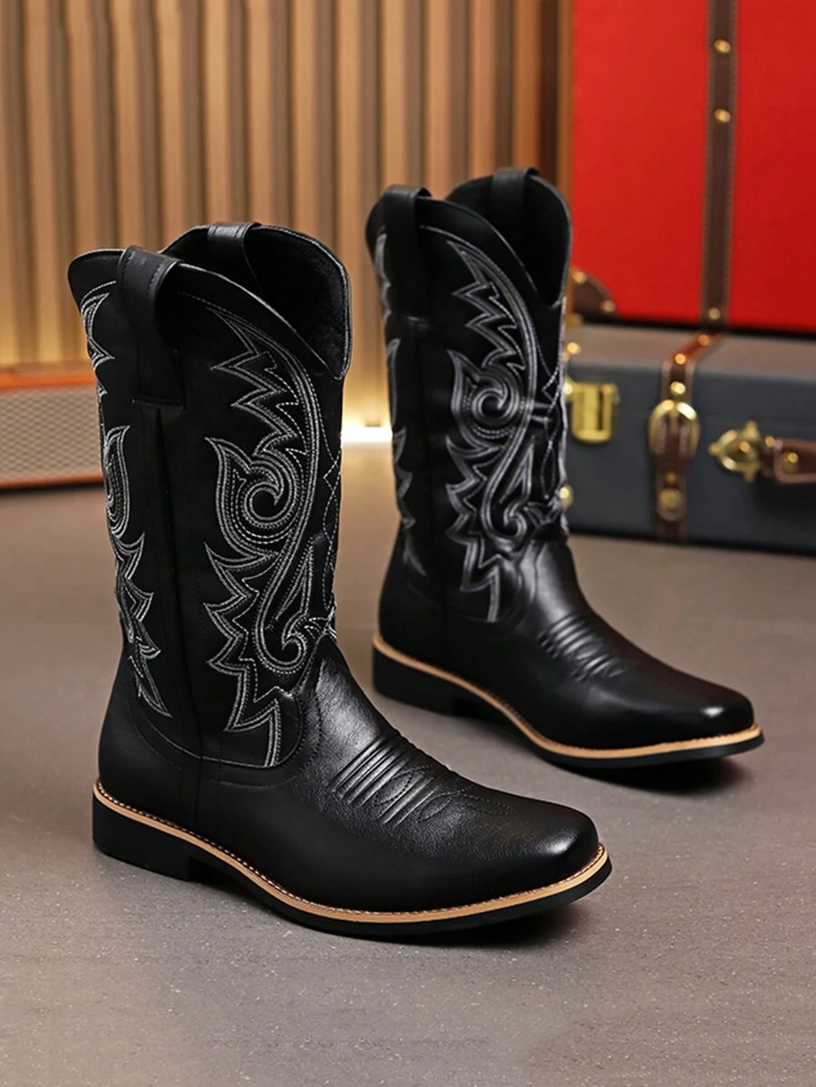 Men's Autumn/Winter New Arrival Knee-High Boots, Vintage Embroidery Retro Leather Boot, Plus Size, Black & Brown