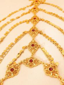 1件时尚优雅金色流苏圆环发链，波西米亚迪拜镂空花朵红色宝石装饰发饰，适合女士派对和节日佩戴，中东风格，准新娘，女士发饰 - 金黃色 - 查看 9