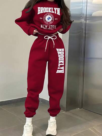 2pcs Women Fleece Hoodie And Sweatpants Set, Comfortable And Warm For Autumn/Winter Casual, Homewear And Sportswear, Brooklyn Print And Letter Graphic, New York Style