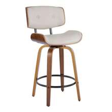 Lombardi 26" Mid-Century Modern Fixed-Height Counter Stool With Swivel In Walnut Wood And Cream Faux Leather With Round Black Metal Footrest By LumiSource - Set Of 2