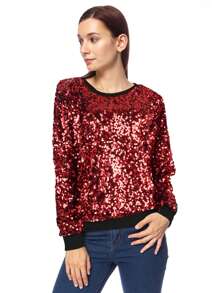 Women's Glitter Sequin Sweatshirt Long Sleeve Pullover Tops With Ribbed Cuffs - Burgundy - View 3