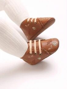 复古花卉高帮软底防滑女童步行鞋 - 棕色 - 查看 9