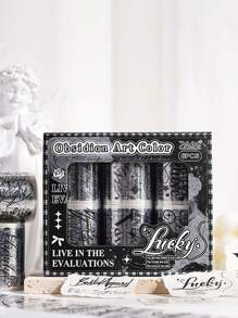 6 卷/盒，复古优雅黑白元素英文单词图案胶带，PET 防水透明贴纸卷 - 剪贴簿装饰 DIY 手册日记装饰材料，独特的礼品包装装饰胶带 - 黑色 - 查看 2