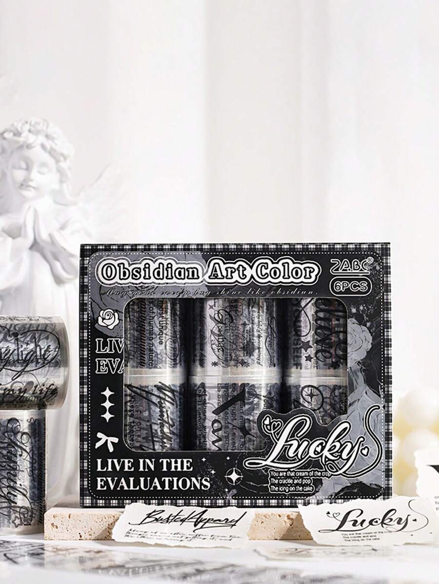 6 卷/盒，复古优雅黑白元素英文单词图案胶带，PET 防水透明贴纸卷 - 剪贴簿装饰 DIY 手册日记装饰材料，独特的礼品包装装饰胶带