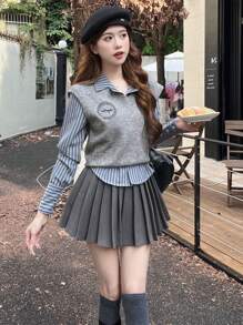 Solid Color Pleated Culottes, Bring Your Own Shorts - Xám - Xem 2