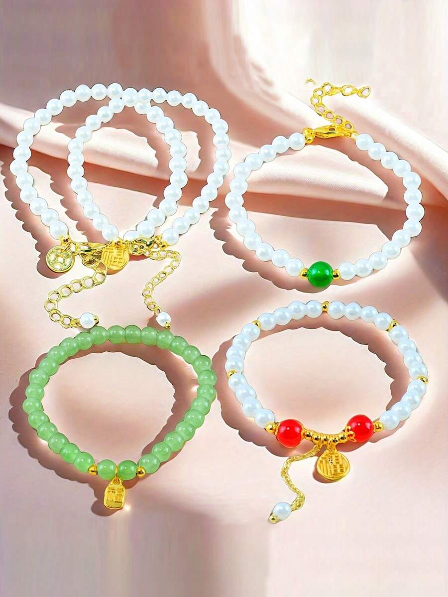 1 chiếc vòng tay ngọc trai giả phong cách Trung Hoa mới, vòng tay hạt thủy tinh xinh xắn & ngọt ngào, thiết kế độc đáo, phù hợp với các bé gái và BFF - Nhiều màu - Xem 1