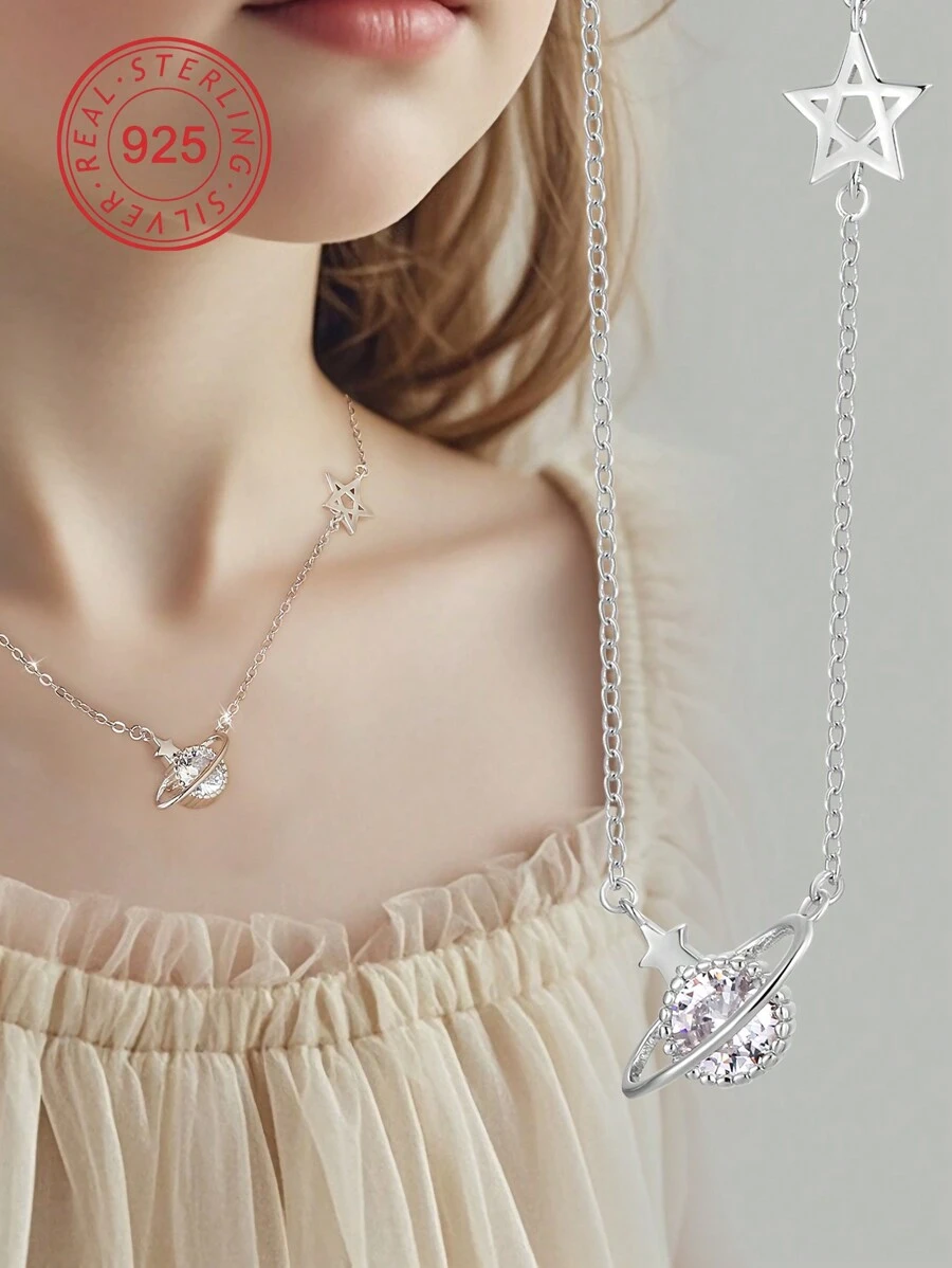 Artepollo 1 Stück 925 Sterling Silber Hypoallergene Planeten Anhänger Halskette, besetzt mit funkelndem kubischem Zirkonia, Geschenkbox Verpackung, Geschenk für Kinder, Freunde, Schulanfang
