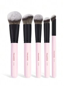MAANGE 5pcs Professional Facial Makeup Brush Set With Loose Powder Brush Blush Brush Foundation Brush Contour Brush Nose Contour Brush,Makeup Tools With Soft Fiber For Powder,Liquid,For Easy Carrying,Brush For Travel.Gift For Women&Girls - 粉色 - 查看 9