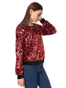 Women's Glitter Sequin Sweatshirt Long Sleeve Pullover Tops With Ribbed Cuffs - Burgundy - View 4