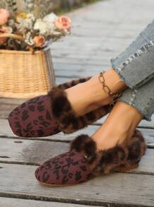 Women Flat Leopard Print Square Toe Slip-On Shoes, Warm Furry Indoor/Outdoor Casual Anti-Slip Shoes For Winter