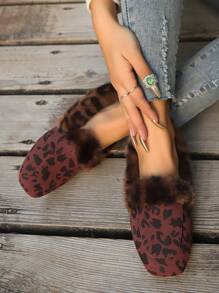 Women Flat Leopard Print Square Toe Slip-On Shoes, Warm Furry Indoor/Outdoor Casual Anti-Slip Shoes For Winter