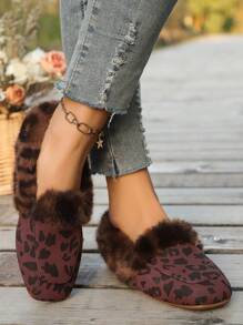 Women Flat Leopard Print Square Toe Slip-On Shoes, Warm Furry Indoor/Outdoor Casual Anti-Slip Shoes For Winter