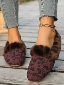 Women Flat Leopard Print Square Toe Slip-On Shoes, Warm Furry Indoor/Outdoor Casual Anti-Slip Shoes For Winter