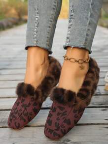 Women Flat Leopard Print Square Toe Slip-On Shoes, Warm Furry Indoor/Outdoor Casual Anti-Slip Shoes For Winter