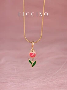 FICCINO 彩色郁金香镀金吊坠项链，钛钢镀金蛇链可调节长度，可爱又个性化的珠宝礼物，适合女孩、女朋友、节日，带礼盒 - 1196n - 查看 1
