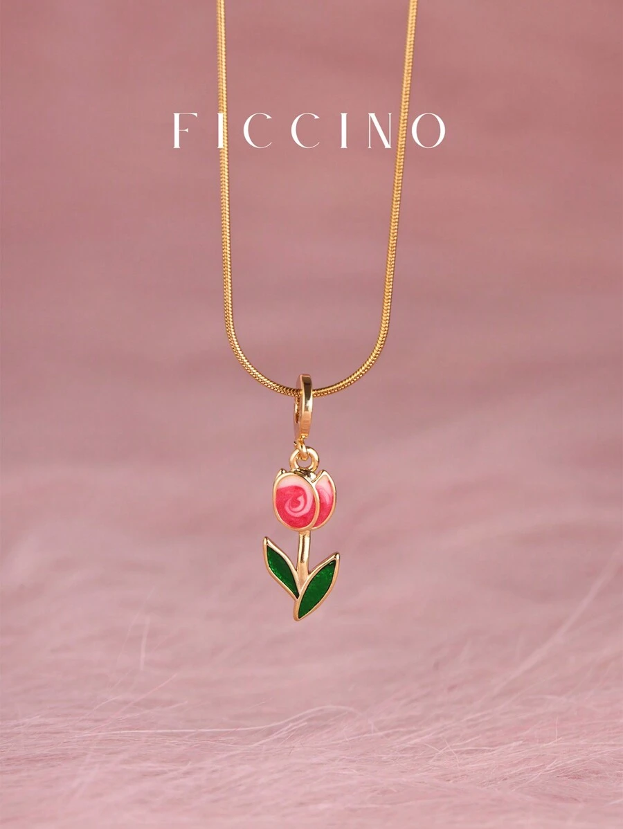 FICCINO 彩色郁金香镀金吊坠项链，钛钢镀金蛇链可调节长度，可爱又个性化的珠宝礼物，适合女孩、女朋友、节日，带礼盒 - 1196n - 查看 1