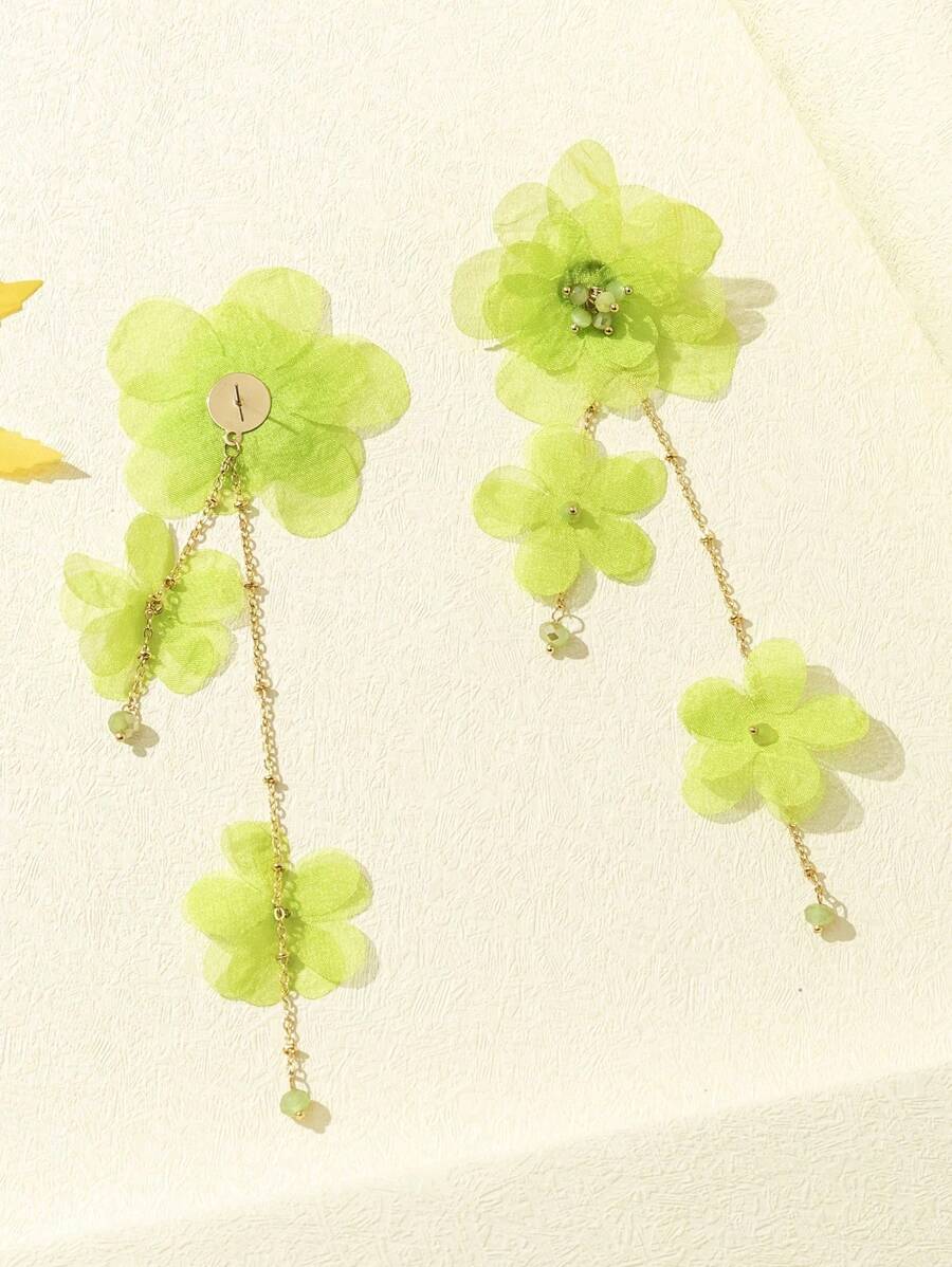 1 Pair Fabric 5-Petal Floral Long Earrings For Women, Suitable For Everyday Wear - Green - View 1