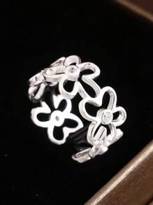 1 st. S925 Sterling Zilveren Holle Bloem Strass Verstelbare Open Ring, INS Minimalistische Chic Veelzijdige Unieke Zilveren Ring Voor Vrouwen