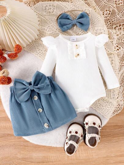 طقم فستان وقبعة أطفال بناتي 2 قطعة ، فستان بتنورة مزين بفيونكة وأذرع رابطة أزرار ، مع دبوس للشعر