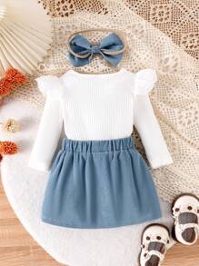 2pcs Baby Girl Solid Color Buttoned Cap Sleeve Onesie & Bowknot Decor Skirt Set With Hair Scrunchie