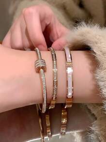 3pcs Elegant & Luxury Stainless Steel Plated Gold Small Waist Bangle Set, Tarnish-Resistant & Waterproof For Women