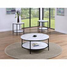 1pc Modern Round Faux Marble End Table With Storage Shelf Black Finish Living Room Wooden Furniture,Nestify