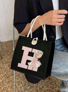 1 件芭蕾女孩卡通首字母图案亚麻收纳手提袋、收纳袋、便携式购物收纳袋、女孩礼品收纳手提袋、轻便收纳袋、旅行必需品旅行洗漱包个性化字母包零食包时尚物品收纳袋毕业生日礼物女士收纳袋，圣诞节最佳教师礼物 - 黑色 - 查看 7