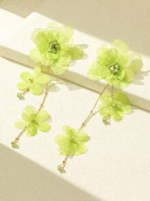 1 Pair Fabric 5-Petal Floral Long Earrings For Women, Suitable For Everyday Wear - Green - View 2