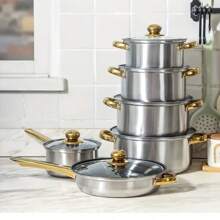 12pcs Stainless Steel Cookware Set, Nonstick Pots And Pans With Lids, Multi-Purpose Kitchen Essentials For Soup, Milk, Golden Handle, Versatile Cooking Uncharged For Home And Restaurant Use