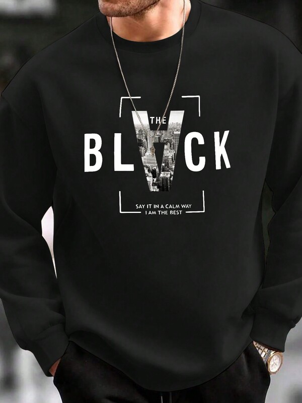 Sudadera con cuello redondo de talla grande para hombre con estampado de lema y edificio