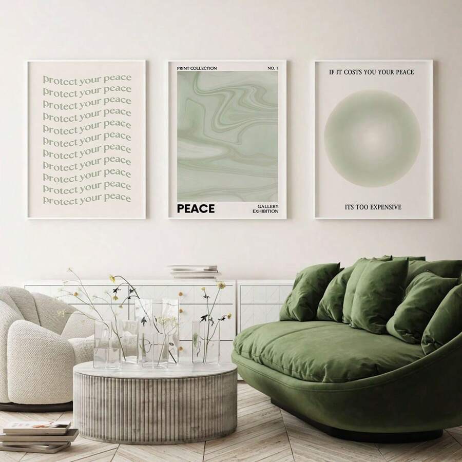 3 件/套 绿色海报鼠尾草绿色墙壁艺术，美学海报，复古渐变海报，房间装饰美学，现代复古简约绿色渐变抽象艺术帆布画印刷墙面装饰，无框架 - 彩色 - 查看 1