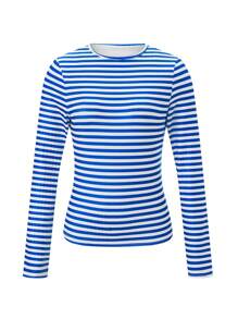 Women's Rib Knitted Striped T-Shirts Contrast Color Slim Fit Long Sleeve Round Neck Casual Tee Tops - Blue - View 7