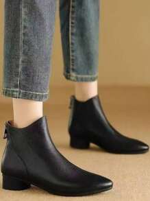 女士春夏踝靴，低跟尖头皮鞋，踝靴，防滑正装鞋，舒适，复古法式踝靴，粗跟靴 - 黑色 - 查看 2