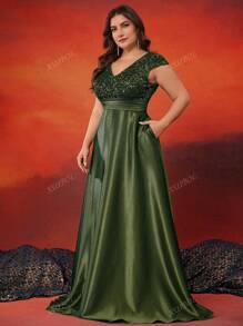 XUIBOL Plus Size Satin Puff Sleeve V-Neck Maxi Dress With Pockets, Elegant Luxury Formal Gown For Wedding Party, Spring/Summer, Wedding Guest Dress, Evening Dress