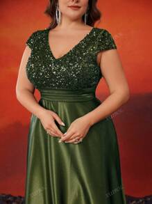 XUIBOL Plus Size Satin Puff Sleeve V-Neck Maxi Dress With Pockets, Elegant Luxury Formal Gown For Wedding Party, Spring/Summer, Wedding Guest Dress, Evening Dress