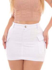 Saia jeans Cargo Branca - Branco - Visão 2