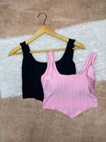 Kit With Two (2) Copped Corset Thick Straps V-Neck - Spring/Summer 2024 Trend! - Bụi hồng - Xem 1