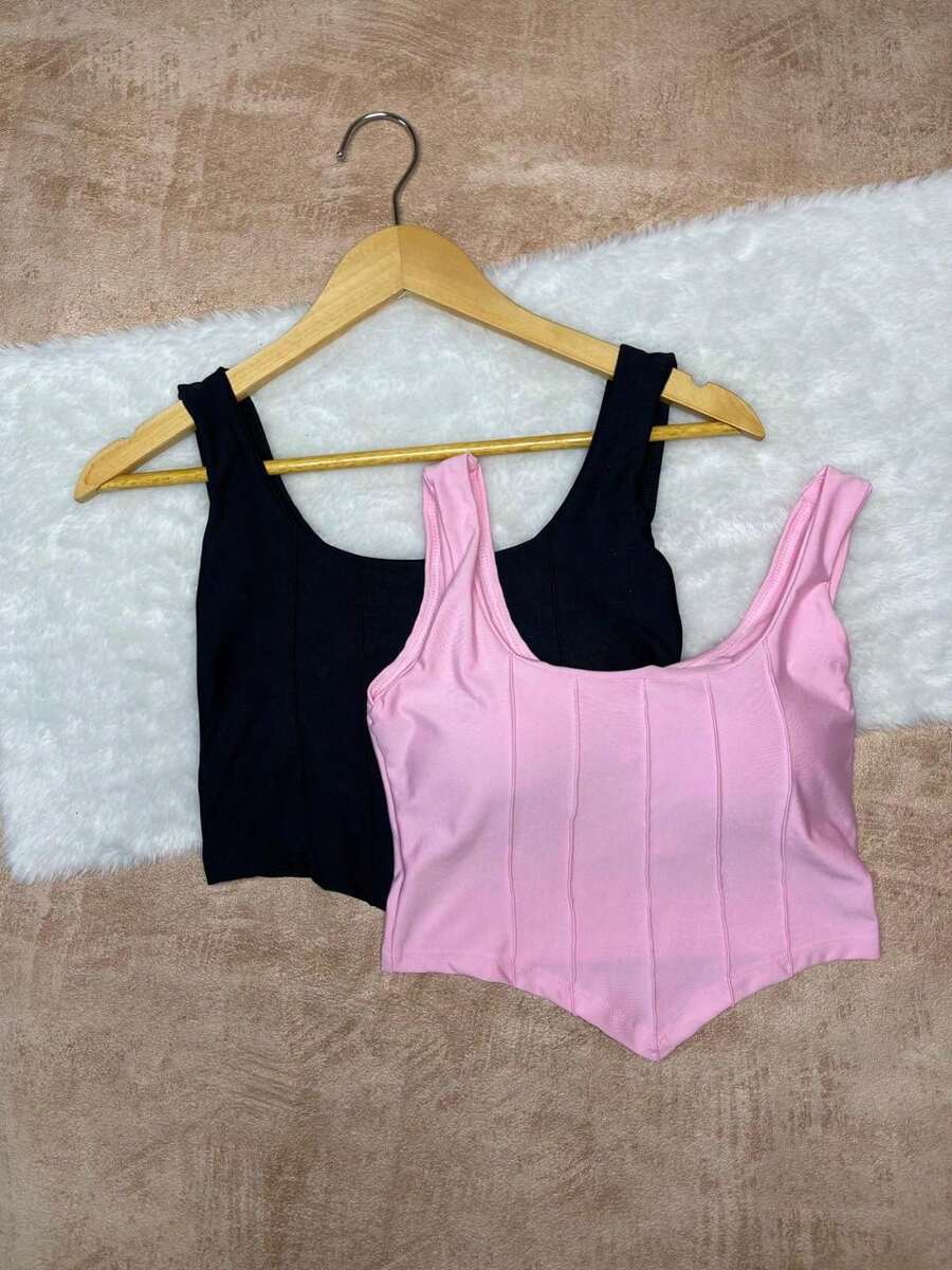 Kit With Two (2) Copped Corset Thick Straps V-Neck - Spring/Summer 2024 Trend! - Bụi hồng - Xem 1
