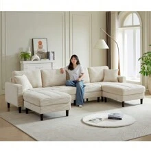 122.5-Inch Oversized U-Shaped Modular Sofa, Corduroy Fabric Sofa, Living Room Sectional Sofa With 2 Pillows, Two Ottoman, Plastic Leg, Black - Beige + Corduroy + Foam + 4 Seat - View 2